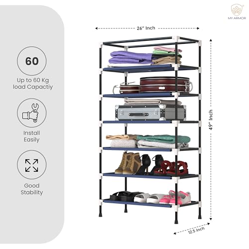 MY ARMOR Multipurpose Collapsible Wardrobe |Multipurpose Storage Rack, Foldable Fabric Wardrobe Organizer for Clothes, 1-Door, 6 Shelves/Cabin - Navy Blue - Image 4