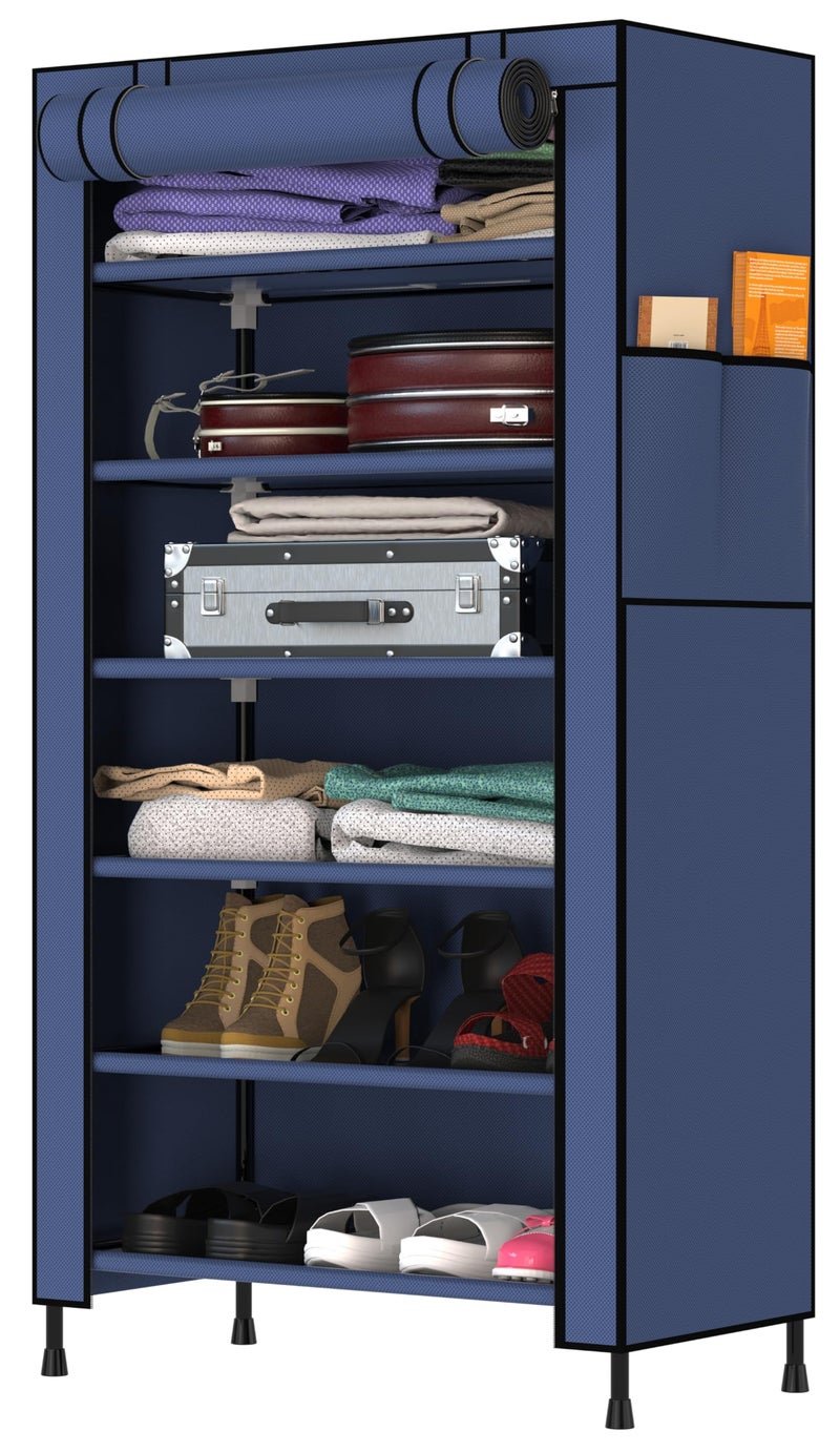 MY ARMOR Multipurpose Collapsible Wardrobe |Multipurpose Storage Rack, Foldable Fabric Wardrobe Organizer for Clothes, 1-Door, 6 Shelves/Cabin - Navy Blue - Image 1