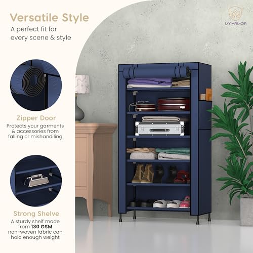 MY ARMOR Multipurpose Collapsible Wardrobe |Multipurpose Storage Rack, Foldable Fabric Wardrobe Organizer for Clothes, 1-Door, 6 Shelves/Cabin - Navy Blue - Image 2