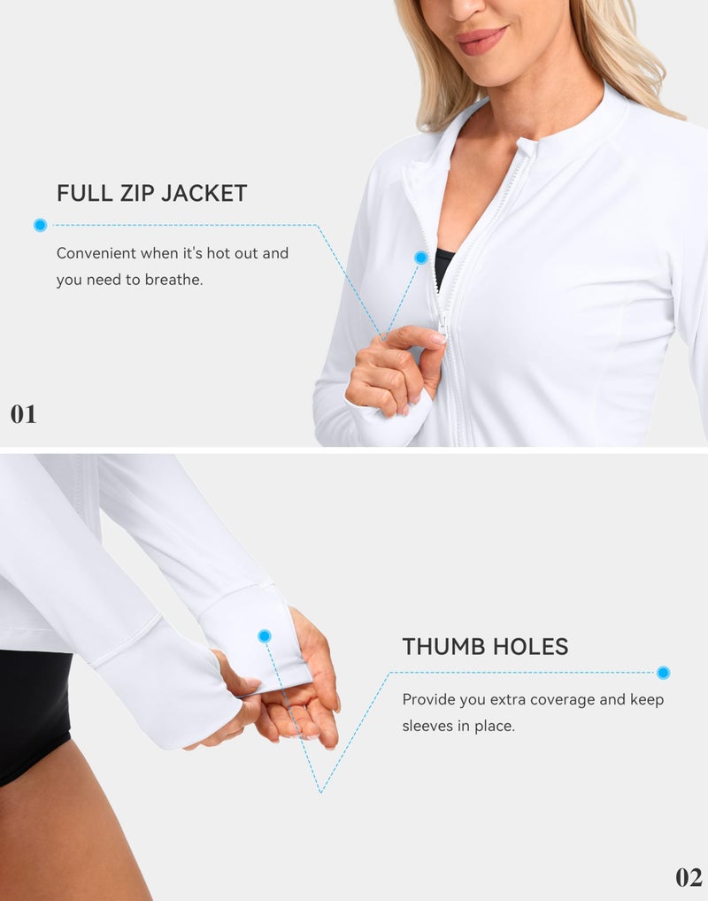 SANTINY Women's Rash Guard UPF50+ SPF UV Protection Long Sleeve Swimsuit Top with Pockets Zip Front Swim Shirts Woman (White_L) - Image 5