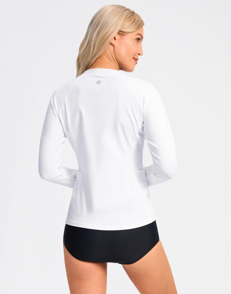 SANTINY Women's Rash Guard UPF50+ SPF UV Protection Long Sleeve Swimsuit Top with Pockets Zip Front Swim Shirts Woman (White_L) - Image 3