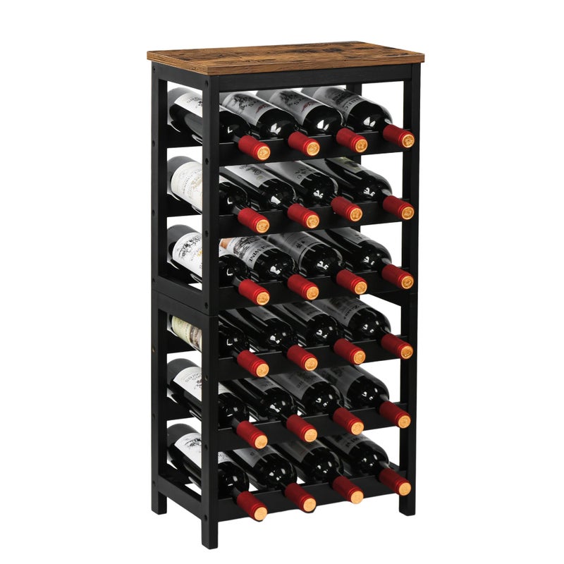 VASMIA Wine Rack Freestanding Floor, 6 Tier Bamboo Wine Storage Shelves with Table Top, 24-Botttle Wine Rack Shelf for Kitchen Bar Dining Room Living Room, Rustic Brown and Black - Image 1