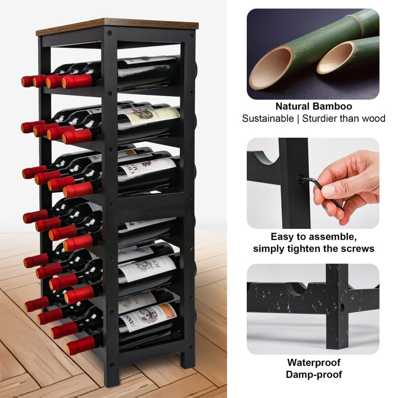 VASMIA Wine Rack Freestanding Floor, 6 Tier Bamboo Wine Storage Shelves with Table Top, 24-Botttle Wine Rack Shelf for Kitchen Bar Dining Room Living Room, Rustic Brown and Black - Image 3