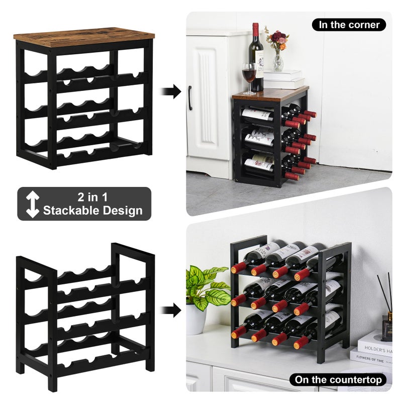 VASMIA Wine Rack Freestanding Floor, 6 Tier Bamboo Wine Storage Shelves with Table Top, 24-Botttle Wine Rack Shelf for Kitchen Bar Dining Room Living Room, Rustic Brown and Black - Image 5