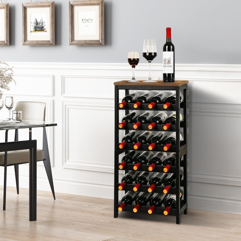 VASMIA Wine Rack Freestanding Floor, 6 Tier Bamboo Wine Storage Shelves with Table Top, 24-Botttle Wine Rack Shelf for Kitchen Bar Dining Room Living Room, Rustic Brown and Black - Image 2