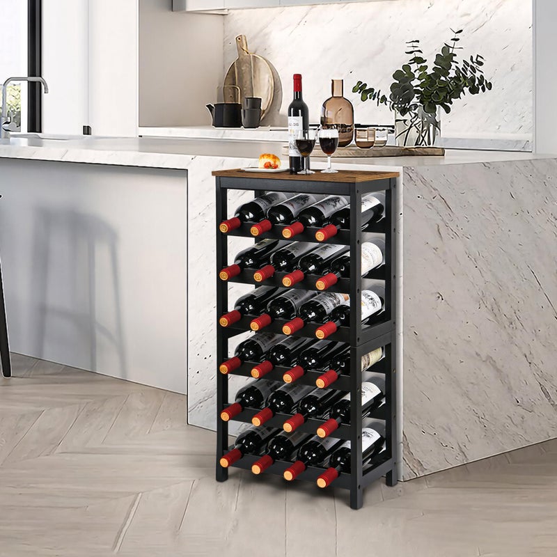 VASMIA Wine Rack Freestanding Floor, 6 Tier Bamboo Wine Storage Shelves with Table Top, 24-Botttle Wine Rack Shelf for Kitchen Bar Dining Room Living Room, Rustic Brown and Black - Image 4