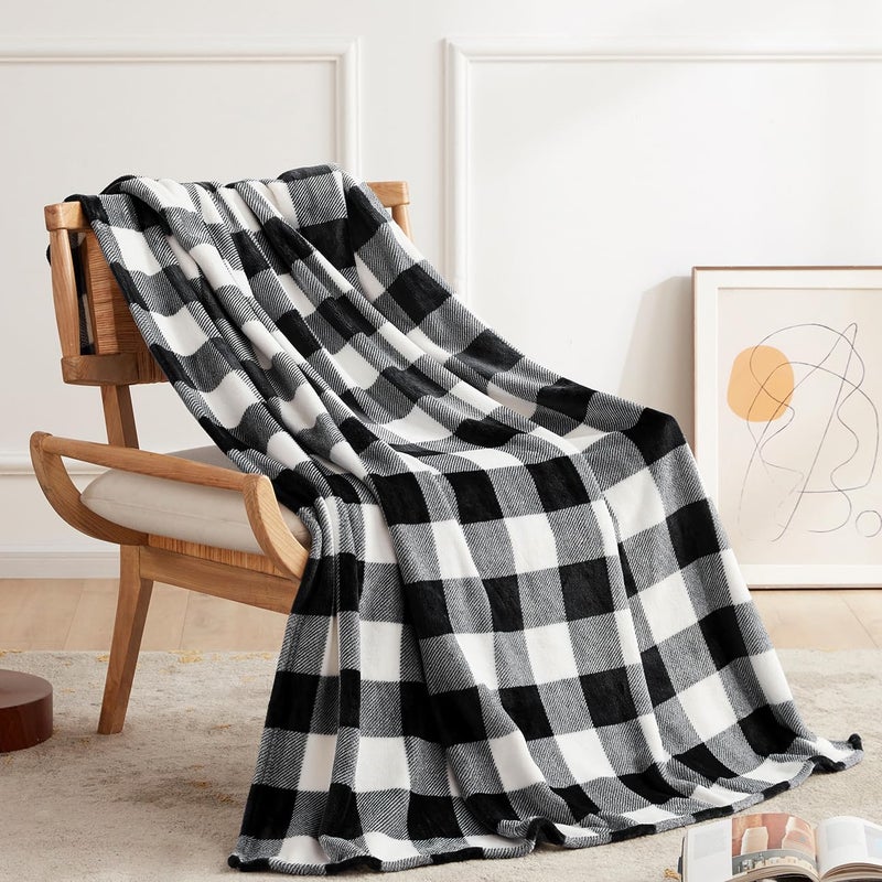 Touchat Fleece Throw Blankets Buffalo Plaid Throw Blanket for Couch Sofa Bed Soft Warm Fuzzy Cozy Plush Checkered Blanket Lightweight Farmhouse Decor Black and White Plaid 60x80