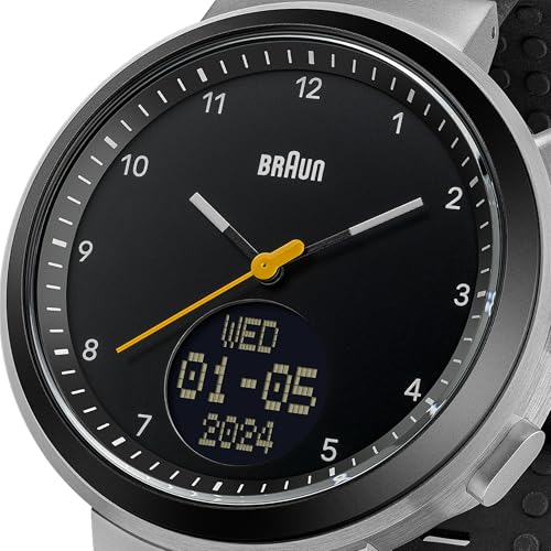 Braun Analogue Quartz Watch with Digital Display with Calendar and Step Count Black Dial and Black Silicone Rubber Strap 45mm Stainless Steel Case Model BN0299NBKBKG - Image 3