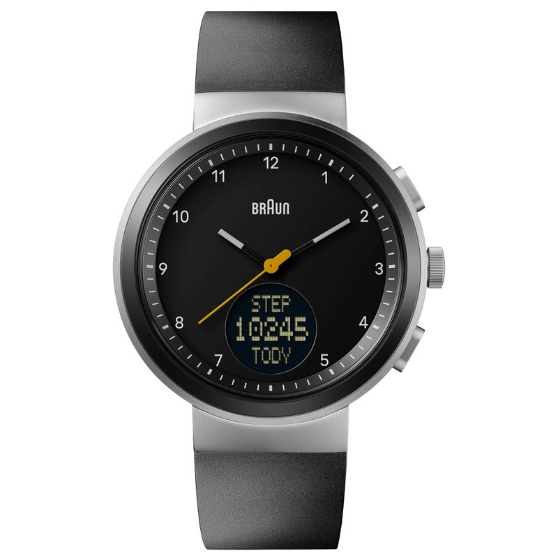 Braun Analogue Quartz Watch with Digital Display with Calendar and Step Count Black Dial and Black Silicone Rubber Strap 45mm Stainless Steel Case Model BN0299NBKBKG - Image 2