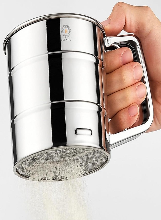 BELARO Flour Sifter/Atta chhani Home & Kitchen Manual Mesh Flour Sugar Powder Stainless Steel Hand Sifter Sieve Cup Baking Tool Atta chhani Hand Press Design Corrosion Resistant Large Capacity - Image 1
