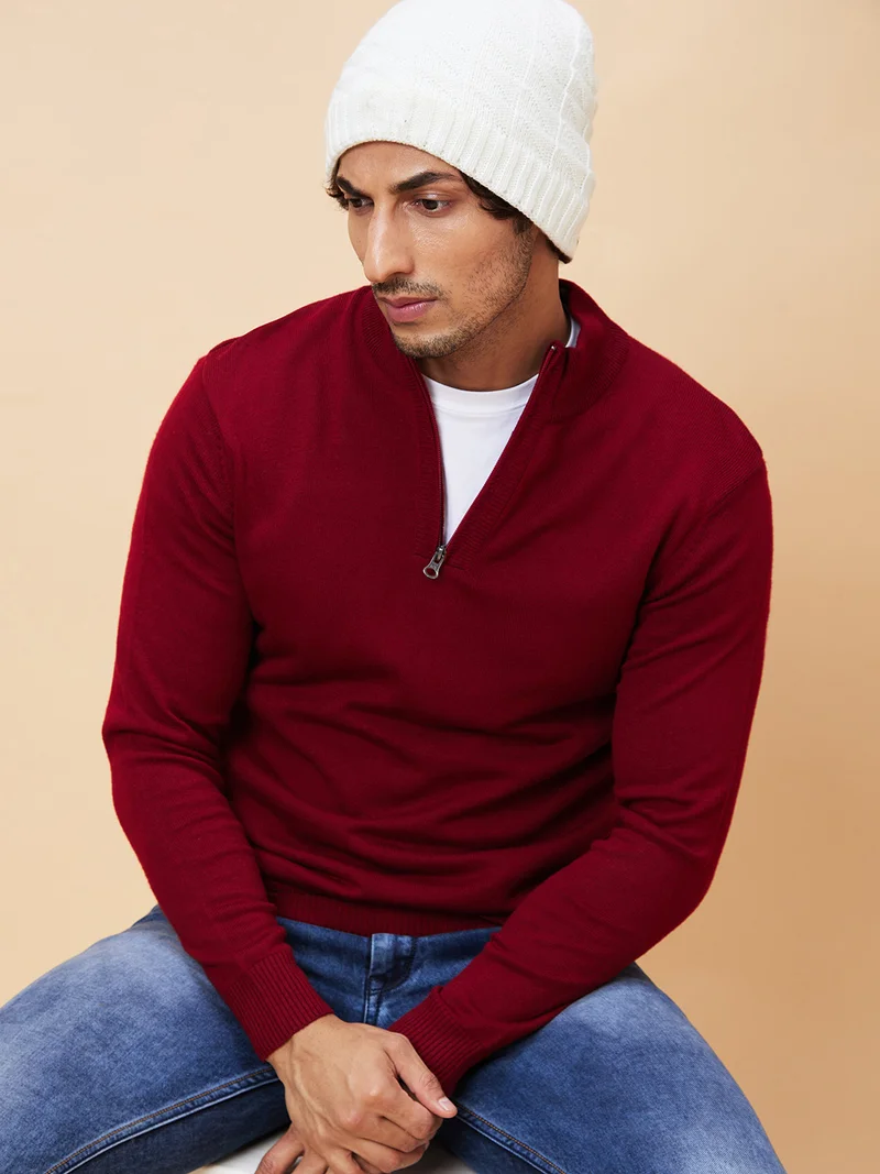 Globus Men Maroon Solid Casual Pullover Sweater