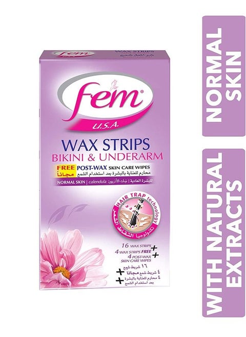 FEM USA Wax Strips for Bikini and Underarms | Enriched with Calendula - 20 strips With Post-wax skin wipes