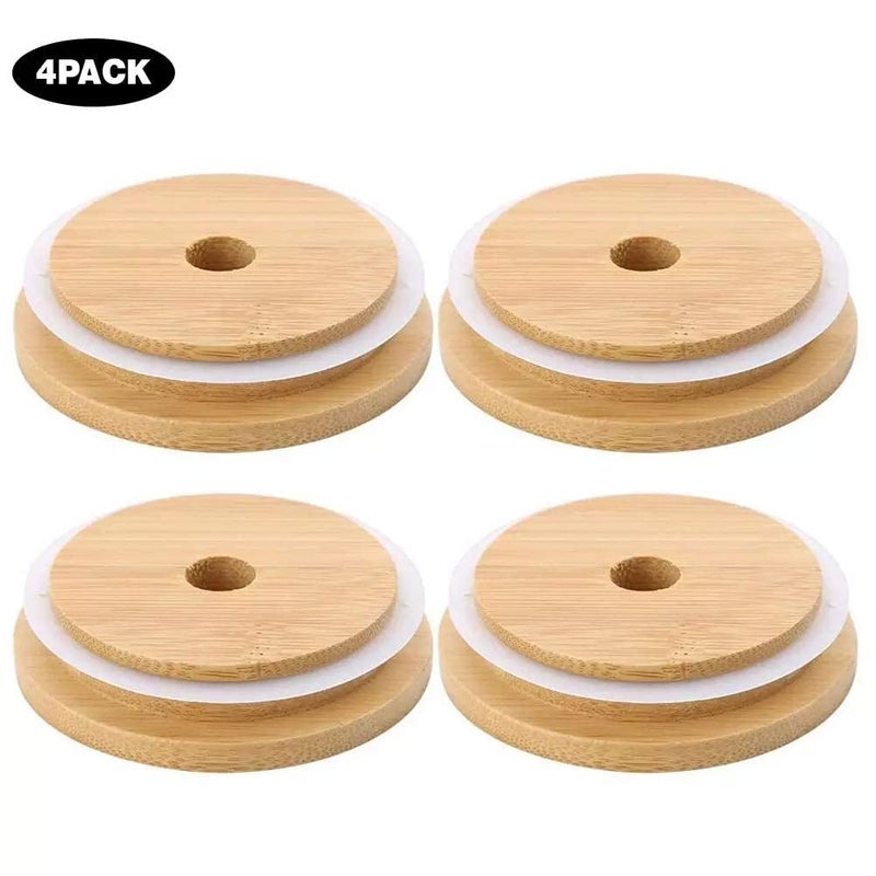 TOUSHI 4 Pack 86mm Wide Mouth Bamboo Mason Jar Lids with Straw Hole Reusable Bamboo Caps Leak-Proof Glass Canning Drinking Storage Jars Lid - Image 5