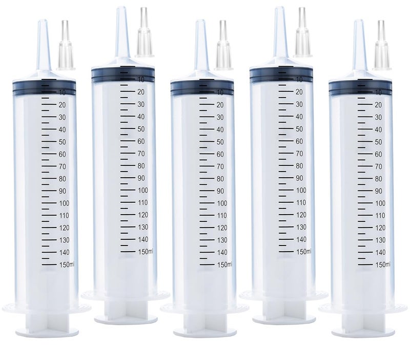 5 Pack 150ml Reusable Plastic Syringe Individually Packaged for Scientific Labs and Dispensing Longterm Multiple Uses