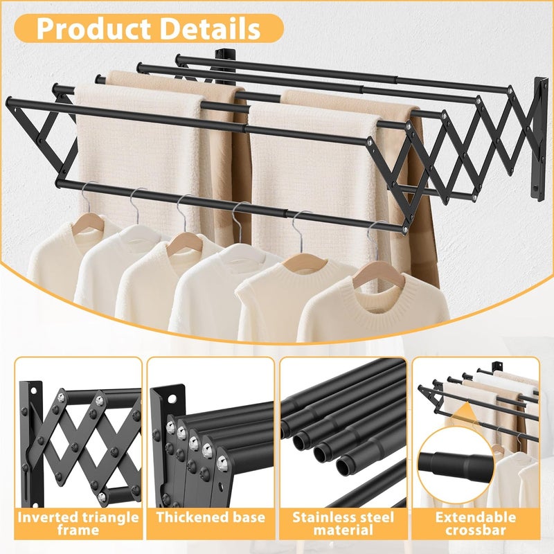 OUUTMEE Wall Mounted Clothes Drying Rack Stainless Steel Extendable Clothes Dryer Indoor Outdoor Use 7 Bars Load Capacity 25KG (Black, 80cm) - Image 3
