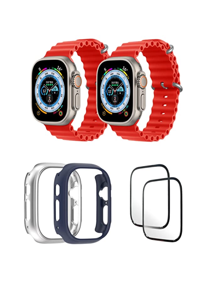 IAF Silicone Ocean Band Strap for Apple Watch Ultra 8 49mm Red/Red , Case Compatible with Apple Watch Ultra 49mm Silver/Blue , 2* pcs Watch glass Set of 6