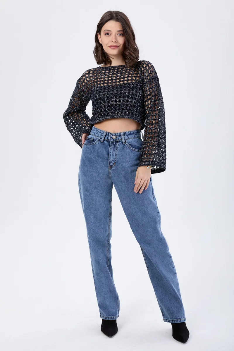 Tofisa 23666-DARK-BLUE-SNOW High Waist Palazzo Jeans