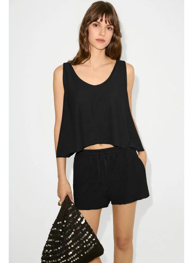 PETUNYAL Women's V-Neck Tank Top and Drawstring Pocket Short Black Set.