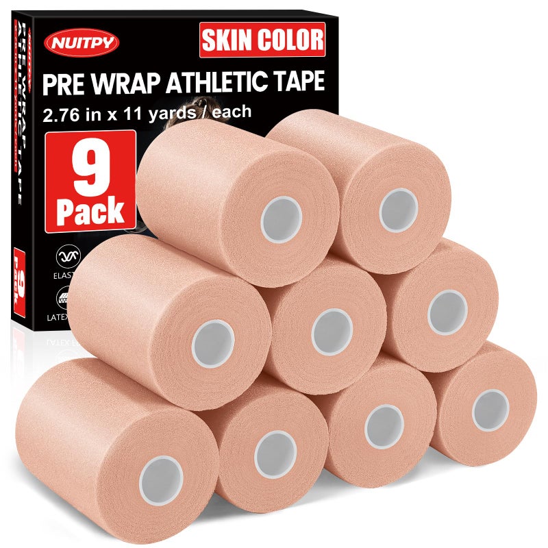 NUITPY 9 Pack Pre Wrap Athletic Tape, 2.76 Inch x 11 Yards Prewrap Tape for Hair Soccer, Pre Wrap Foam Underwrap Tape, Soccer Pre Wrap Tape, Prewrap Tape for Hair, Wrists, Hands, Ankles, Knees - Skin Color - Image 1
