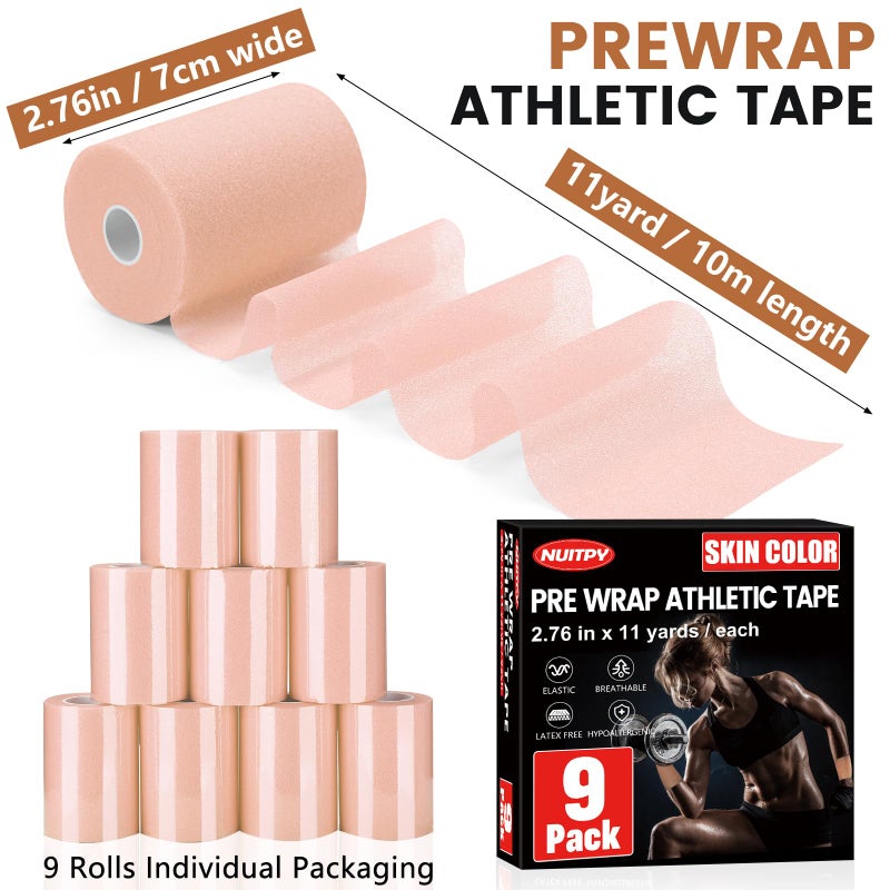 NUITPY 9 Pack Pre Wrap Athletic Tape, 2.76 Inch x 11 Yards Prewrap Tape for Hair Soccer, Pre Wrap Foam Underwrap Tape, Soccer Pre Wrap Tape, Prewrap Tape for Hair, Wrists, Hands, Ankles, Knees - Skin Color - Image 2