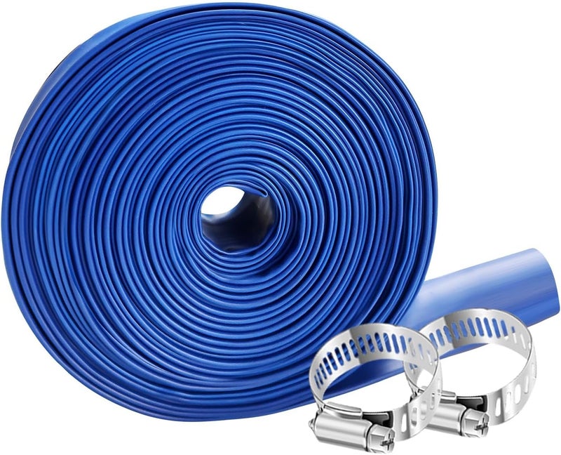 YASHINE PVC HOSE 2"*50ft, Pool Backwash Hose, Heavy Duty Reinforced Blue PVC Lay Flat Water, For Swimming Drain Pools and Clean Filters, with 2 Clamp - Image 1
