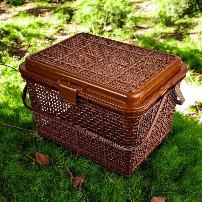 Go Hooked منظم تخزين النزهات متعدد الاستخدامات Go Hooked | صندوق تخزين بلاستيكي بعرض 40 سم وارتفاع 22.5 سم | حاوية محمولة، متينة، وواسعة للطعام، والأدوات، والضروريات الخارجية بني داكن - Image 1