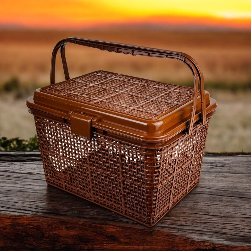 Go Hooked منظم تخزين النزهات متعدد الاستخدامات Go Hooked | صندوق تخزين بلاستيكي بعرض 40 سم وارتفاع 22.5 سم | حاوية محمولة، متينة، وواسعة للطعام، والأدوات، والضروريات الخارجية بني داكن - Image 2