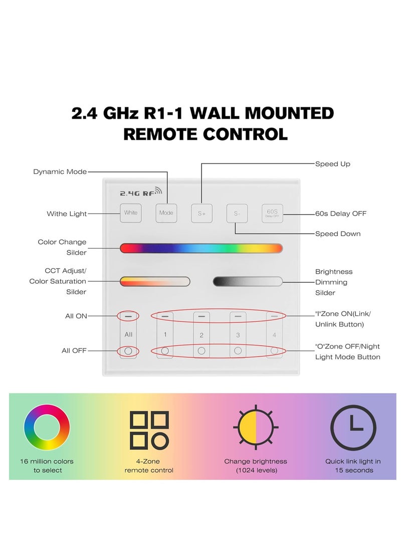 SOLARAE 2.4G RF Wall Mounted Smart Panel Remote Control Matching, Group Control Multiple Devices, Matching with S1 LED Controller, RGBW/RGB/CCT/Dimming 4 Channel, 360° 99ft Wireless Control Distance - Image 3