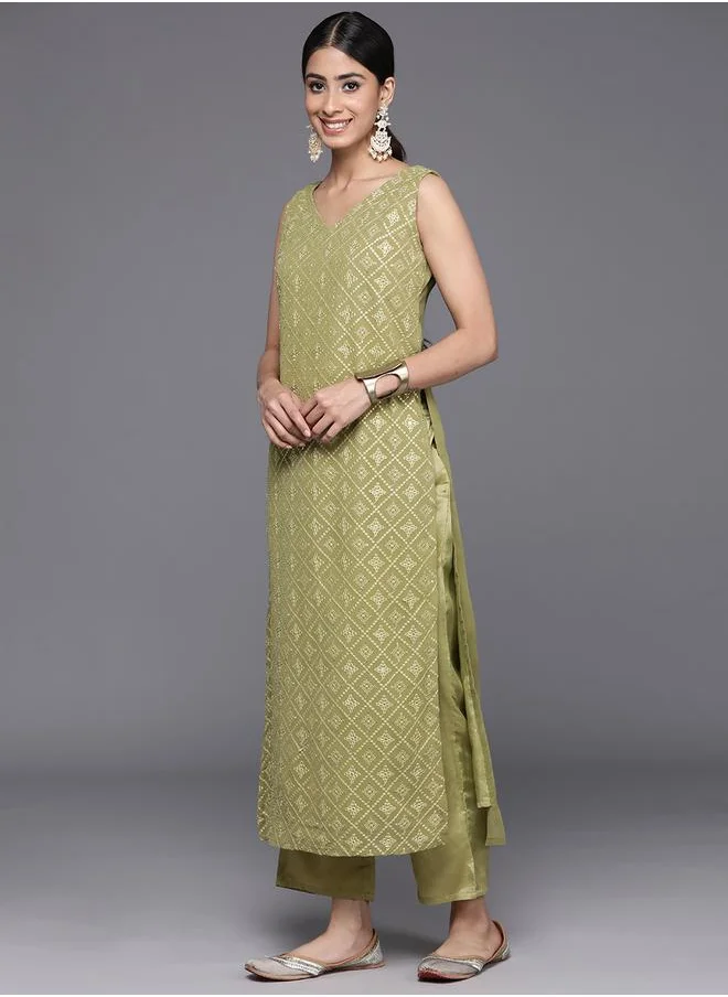 لباس Embroidered Straight Kurta and Mid Rise Trousers with Solid Dupatta Set by Styli