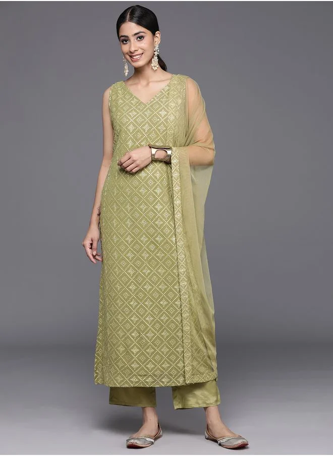 لباس Embroidered Straight Kurta and Mid Rise Trousers with Solid Dupatta Set by Styli