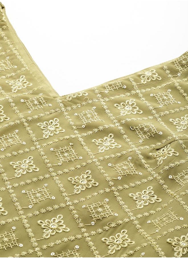 Libas Embroidered Straight Kurta and Mid Rise Trousers with Solid Dupatta Set by Styli  - Image 4