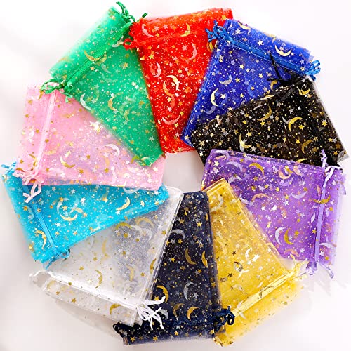 ENNIYU 100 Pieces Moon Star Organza Bags, 4x6“ Mixed Color Christmas Wedding Favors Gift Drawstring Bags Jewelry Pouches Candy Mesh Pouches - Image 2