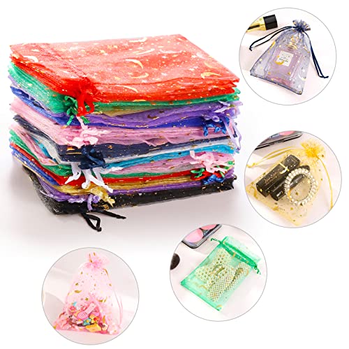 ENNIYU 100 Pieces Moon Star Organza Bags, 4x6“ Mixed Color Christmas Wedding Favors Gift Drawstring Bags Jewelry Pouches Candy Mesh Pouches - Image 4