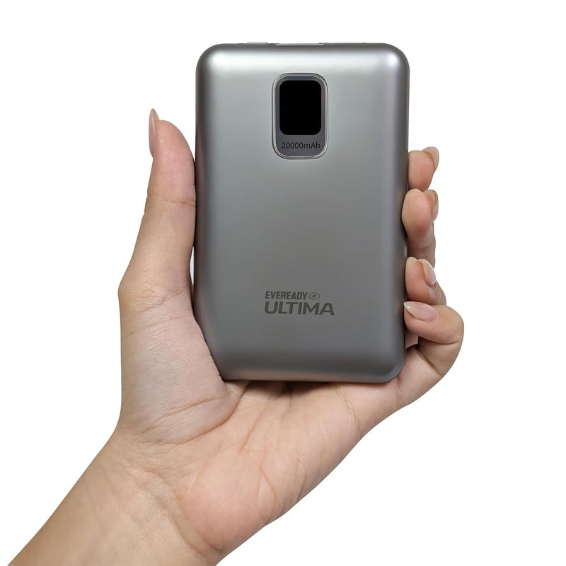 Eveready Ultima Power Bank PB 21, 20,000mAh, 22.5W Fast Charging, Dual Output, USB-C & USB-A, Overcharging Protection, Compatible with iPhone, Android & Qi Devices, Includes Cable & Warranty, Grey - Image 1