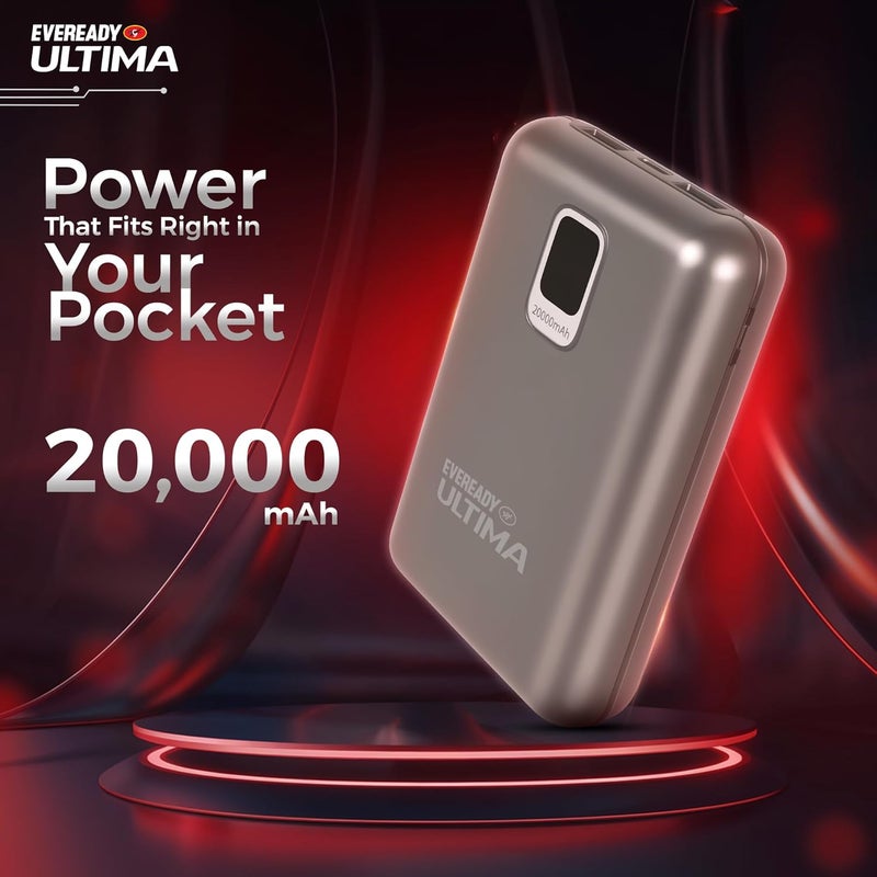 Eveready Ultima Power Bank PB 21, 20,000mAh, 22.5W Fast Charging, Dual Output, USB-C & USB-A, Overcharging Protection, Compatible with iPhone, Android & Qi Devices, Includes Cable & Warranty, Grey - Image 2