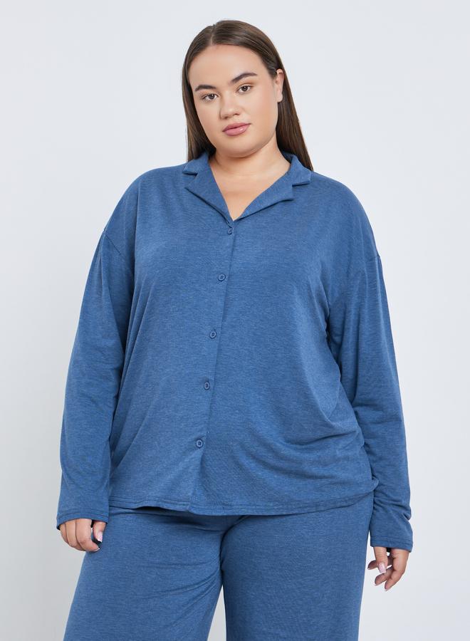 Styli Plus Melange Shirt and Wide Leg Pyjama Set - Image 3
