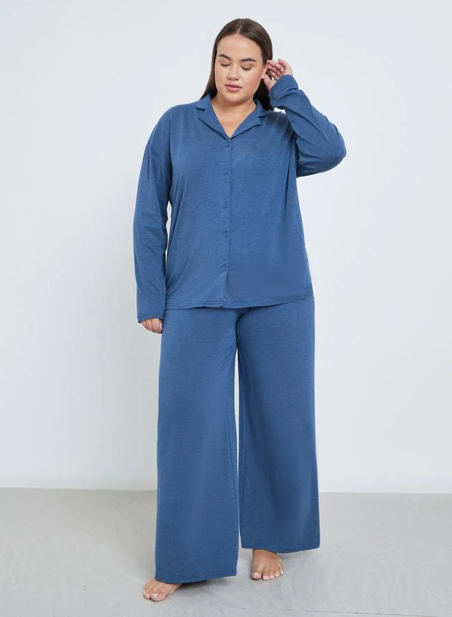 Styli Styli Plus Melange Shirt and Wide Leg Pyjama Set