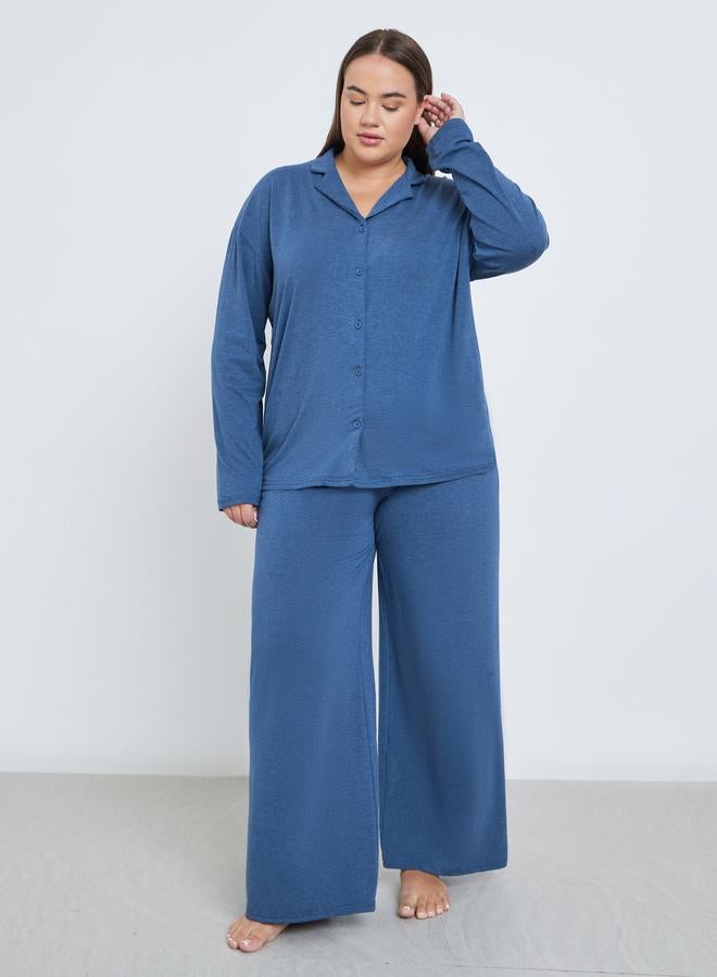 Styli Plus Melange Shirt and Wide Leg Pyjama Set - Image 2