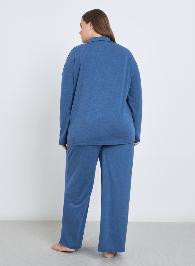 Styli Plus Melange Shirt and Wide Leg Pyjama Set - Image 5