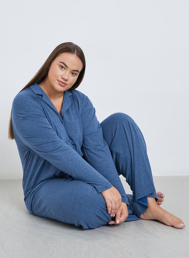 Styli Plus Melange Shirt and Wide Leg Pyjama Set - Image 1