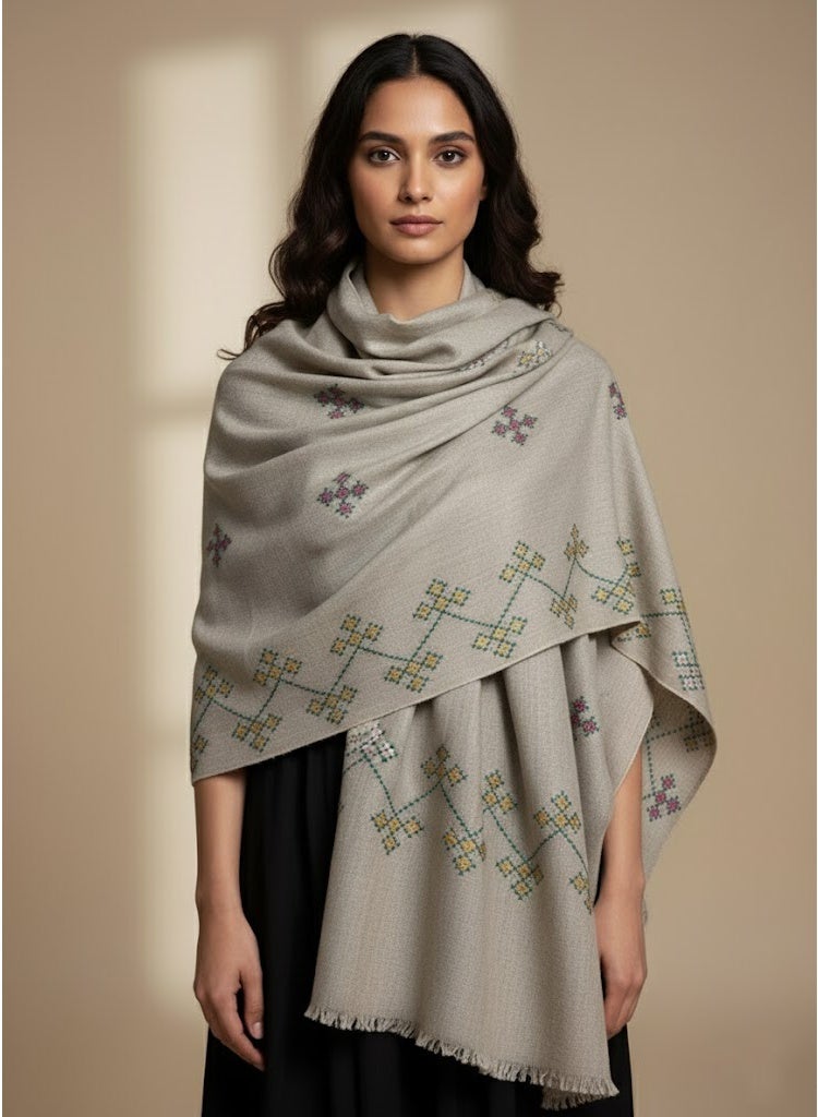 Hand-Embroidered Wool Scarf for Women – Kashmiri Style Floral Design, Thread Work & Tassel Edges, Premium Winter Scarf for Elegant Outfits - Image 1
