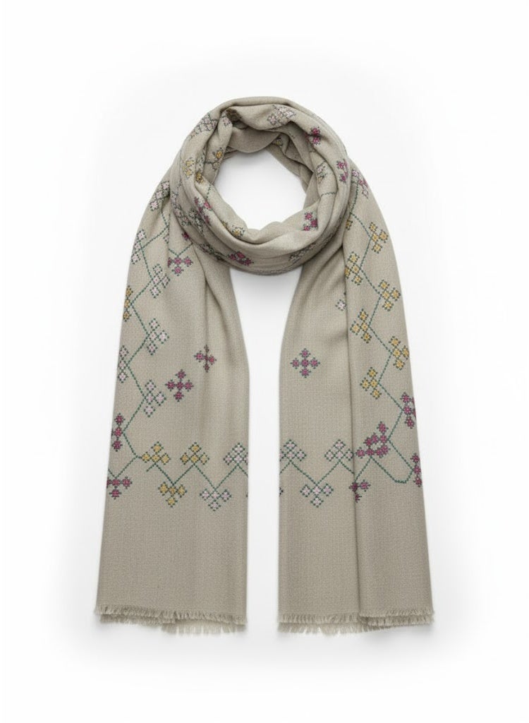 Hand-Embroidered Wool Scarf for Women – Kashmiri Style Floral Design, Thread Work & Tassel Edges, Premium Winter Scarf for Elegant Outfits - Image 2