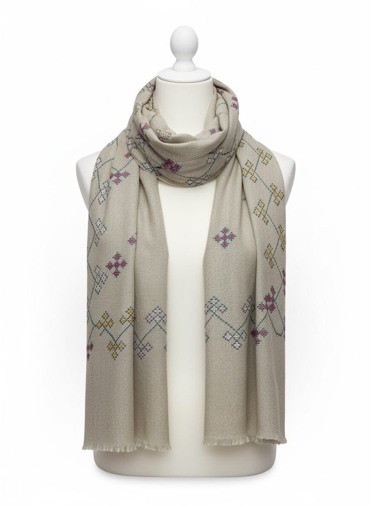 Hand-Embroidered Wool Scarf for Women – Kashmiri Style Floral Design, Thread Work & Tassel Edges, Premium Winter Scarf for Elegant Outfits - Image 5