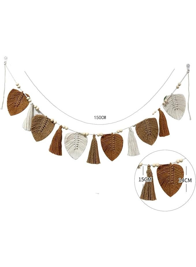 انتيكيانو زينة من خيوط المكرمية بنمط بوهيمي للتعليق على الحائط بتصميم أوراق شجر من نسيج محبوك وأنيق، إكليل بشراشيب لغرفة النوم وغرفة المعيشة وغرفة الأطفال - Image 1