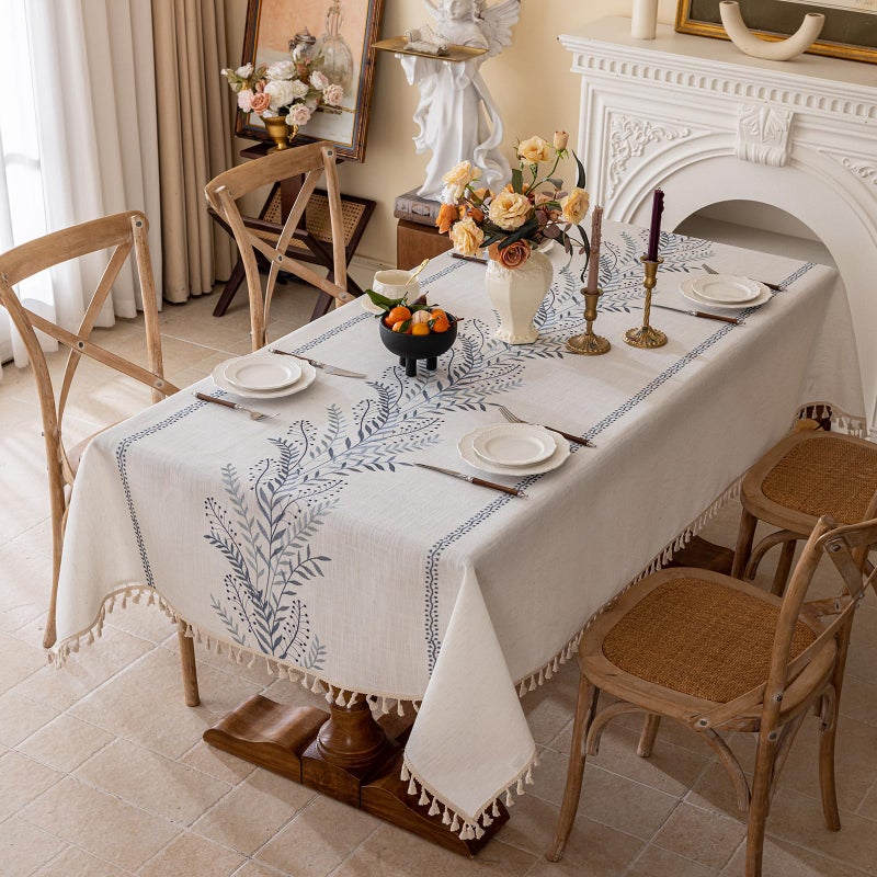 Joyfol Day Rustic Waterproof Linen Tablecloth Heavy Weight Fern Embroidery Table Cloths for Rectangle Tables Farmhouse SpillProof Table Covers with Tassels Blue 55x 70