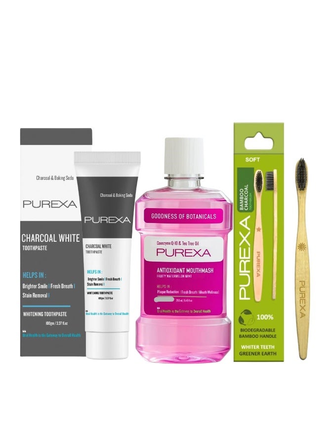 PUREXA معجون أسنان PUREXA بالفحم لتبييض الأسنان (100 جم) مع فرشاة من الخيزران وغسول للفم بنكهة البطيخ والنعناع (250 مل) | تبييض وحماية للمينا (3 في 1) | يحتوي على الفحم النشط وبيكربونات الصوديوم | نكهة النعناع المنعش | للبالغين والمراهقين - Image 1