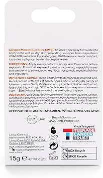 Calypso Mineral Sun Stick SPF50 Sun Protection with Zinc Oxide for Wet and Dry Skin Hypoallergenic PABA free 15g - Image 3