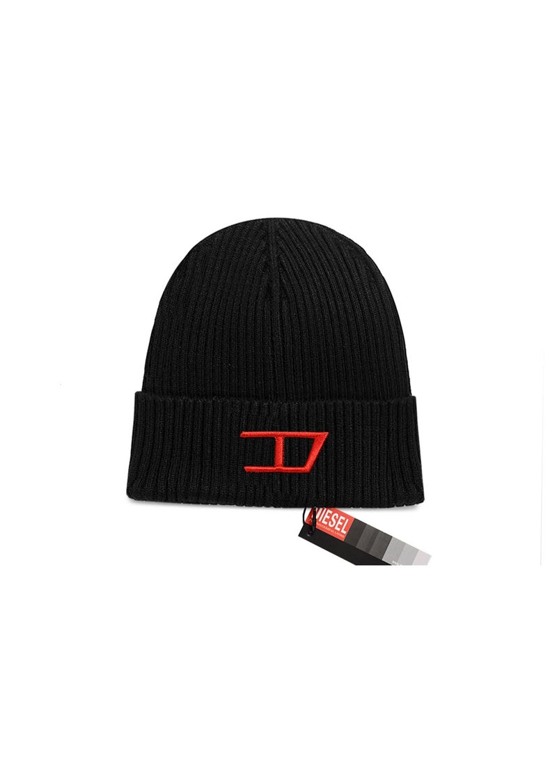 Diesel Black Ribbed Knit Beanie (Red Embroidered Logo)
