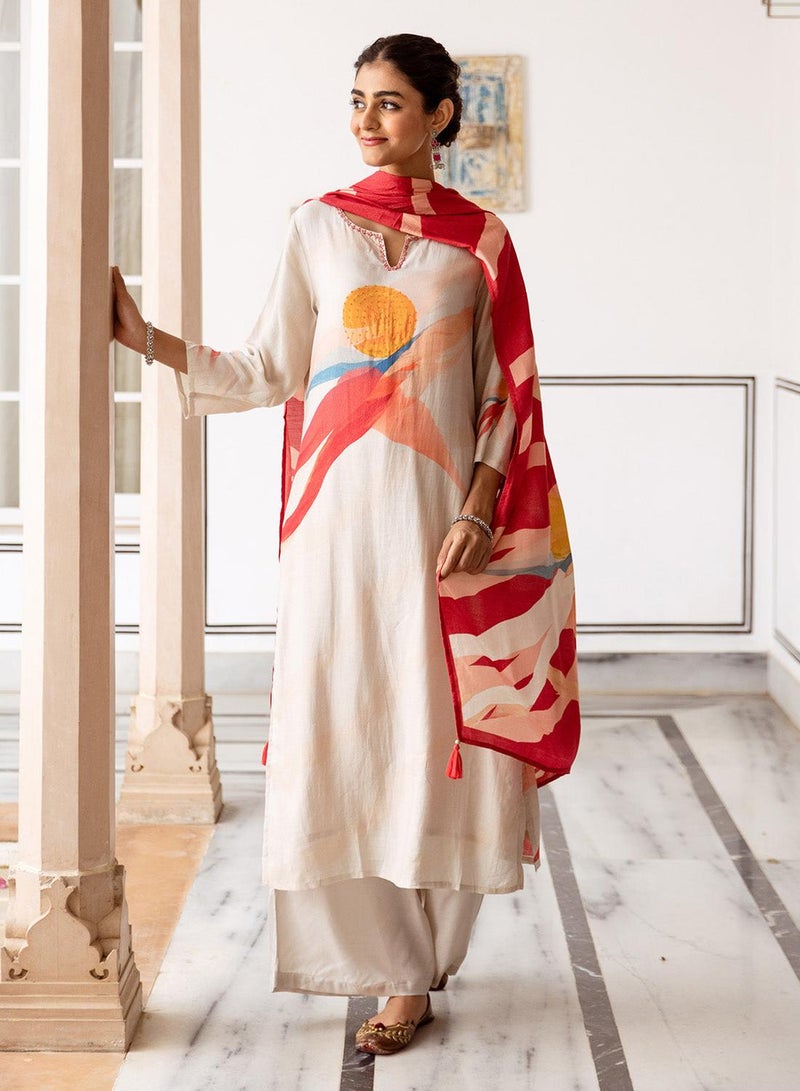 ISHIN Women's Cream Viscose Blend Printed Tunic Full Length Casual Straight Fit Kurta Set  - Image 5