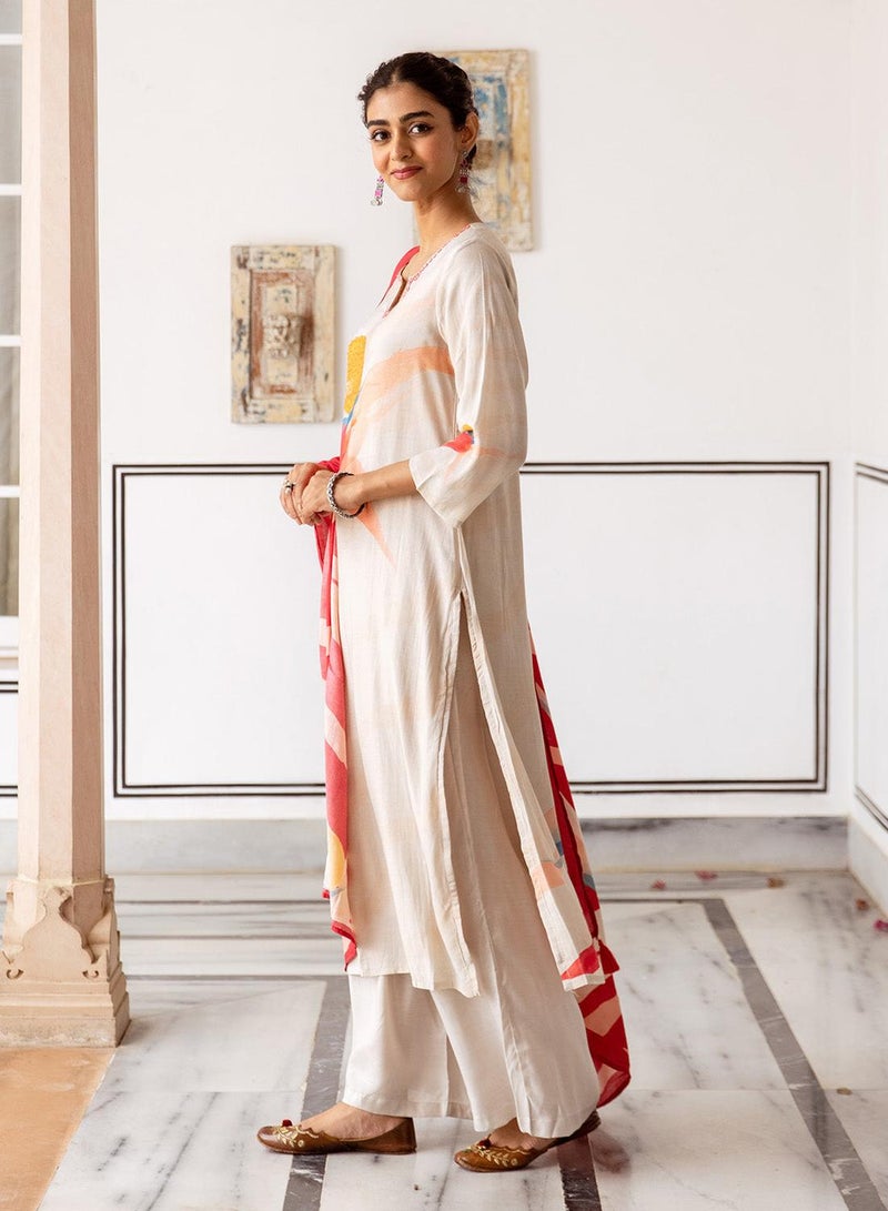 ISHIN Women's Cream Viscose Blend Printed Tunic Full Length Casual Straight Fit Kurta Set  - Image 3